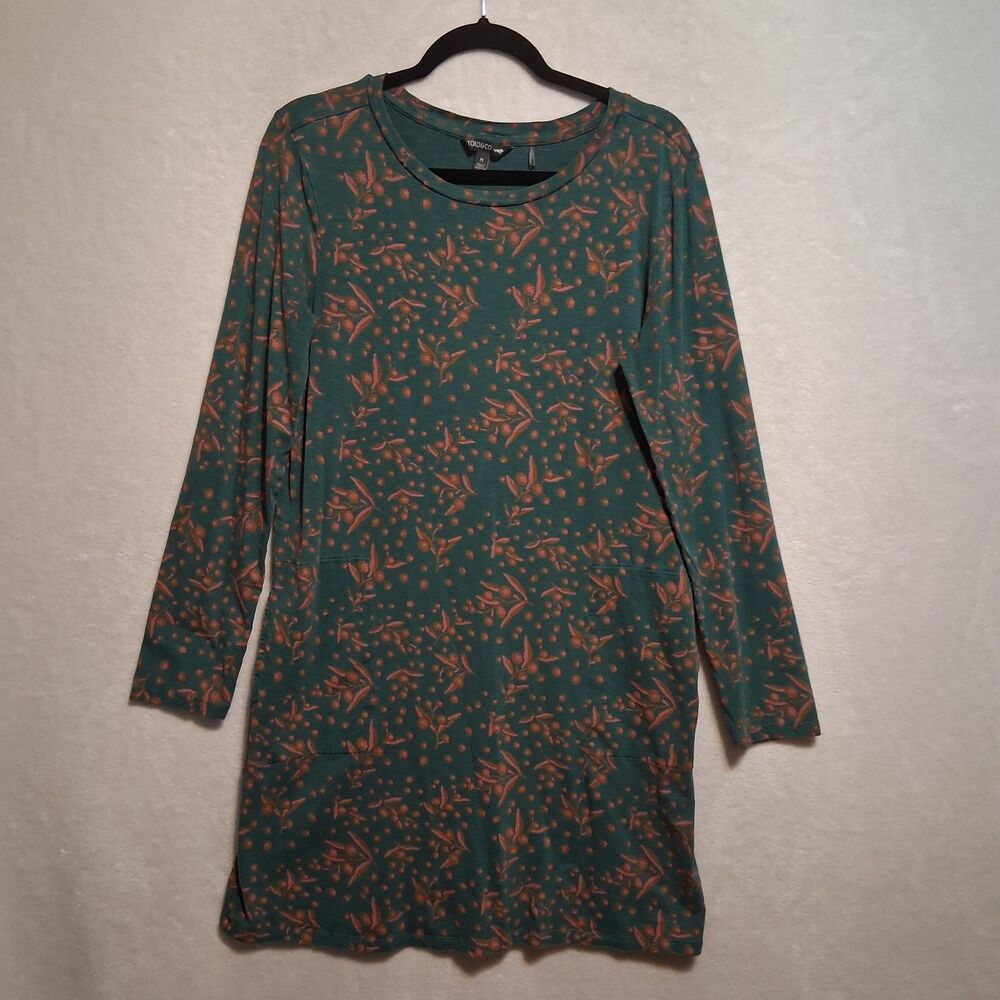 Toad&Co M Dress Windmere II Long Sleeve Green Floral Tencel Organic Cotton Shift